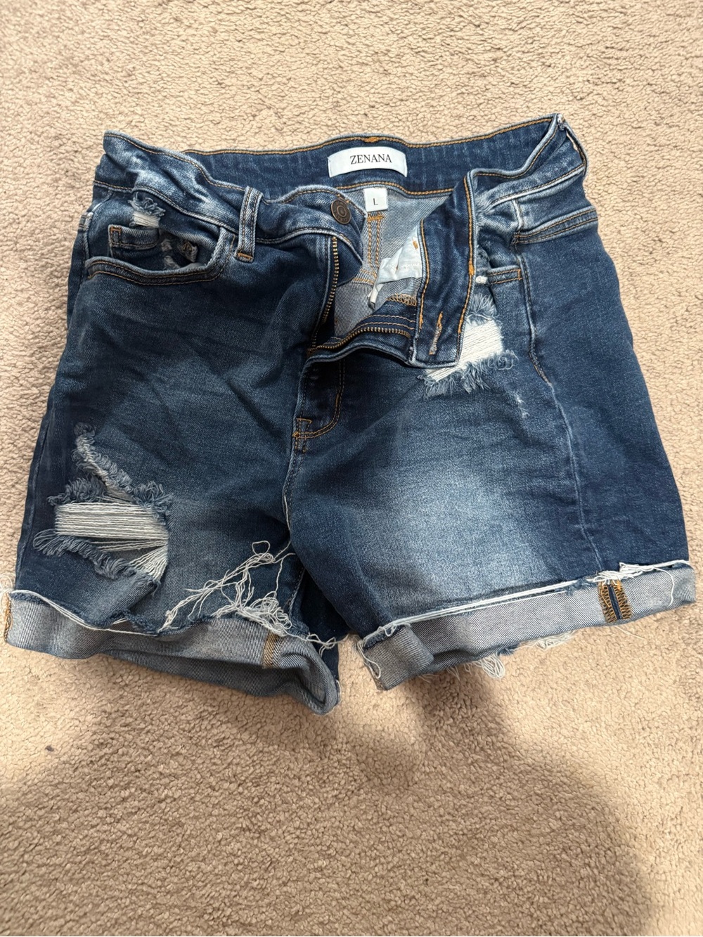 Zenana Outfitters Distressed Rolled Hem Dark Blue Denim Shorts
